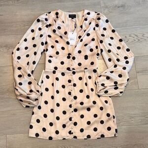 NWT BARDOT Polka Dot V Neck Button Front Mac Balloon Sleeve Mini Dress XSmall XS